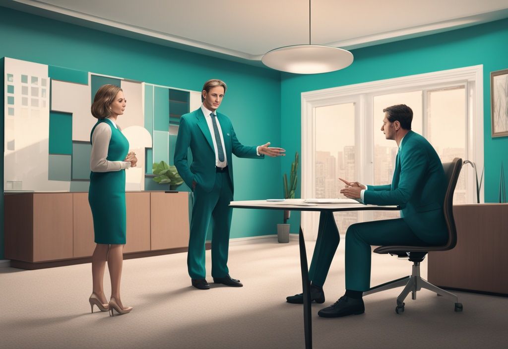 Modern photorealistic illustration of a teal-themed real estate negotiation with a sub agent mediating between buyer and seller.