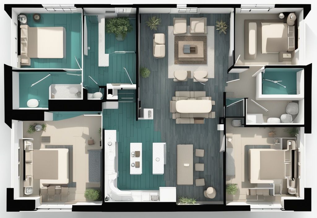 Modern photorealistic teal blueprint of spacious residential building with highlighted rentable square footage (RSF) sections.