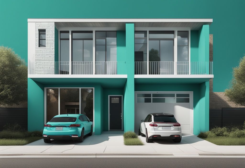 3D cut-out illustration of a duplex house with teal color theme, highlighting the shared "Party Wall" between units.