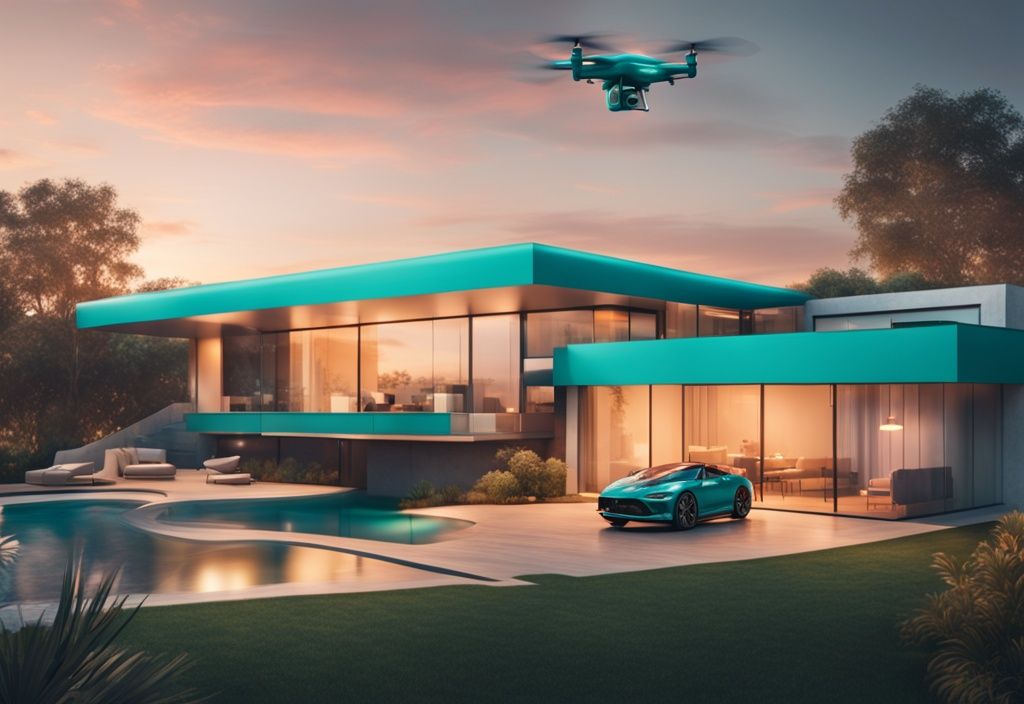 Modern teal-themed photorealistic illustration of a high-quality drone capturing a panoramic view of a luxurious property at sunset.