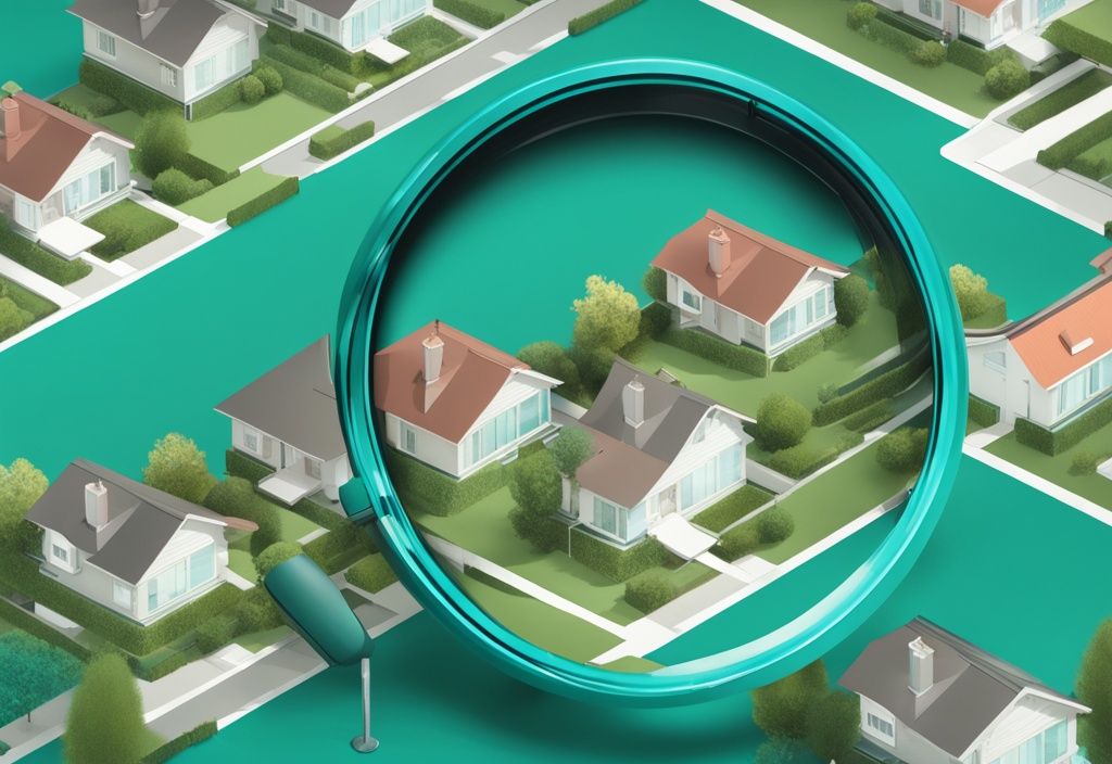 Photorealistic illustration of a magnifying glass over a residential plot with smaller plots merging, illustrating what is plottage in real estate, with a teal color theme.