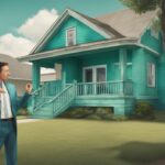 Real estate agent explaining what is TLC in real estate while gesturing towards an aged house needing repairs, set against a teal-themed photorealistic illustration.