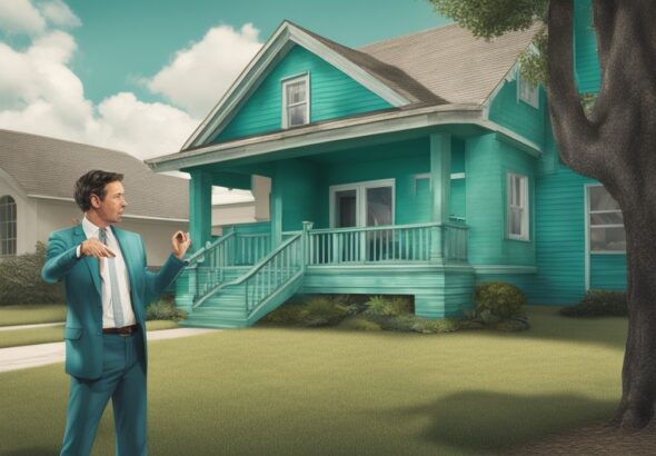 Real estate agent explaining what is TLC in real estate while gesturing towards an aged house needing repairs, set against a teal-themed photorealistic illustration.