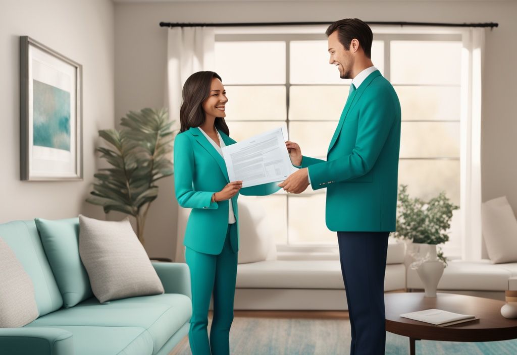 Modern photorealistic illustration of a real estate agent handing a ratified contract to a satisfied home buyer, highlighting the concept of what is ratification in real estate, with a teal color theme.