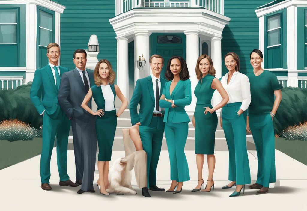 Top real estate agents in Greenwich CT standing confidently in front of elegant properties, modern photorealistic illustration with a teal color theme.