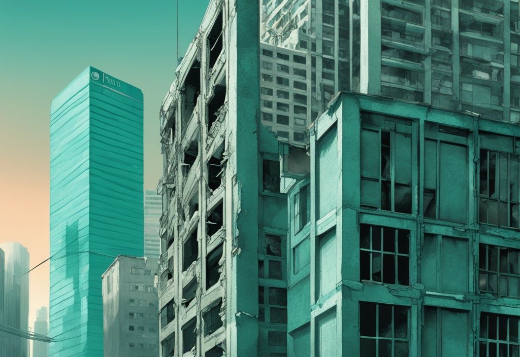 Modern photorealistic illustration of a teal-themed rundown building isolated among towering modern skyscrapers, symbolizing external obsolescence.