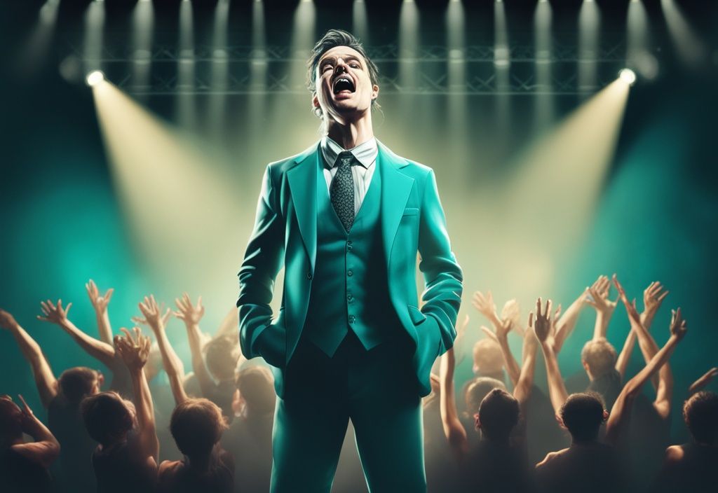 A professional theatre actor in a dramatic, expressive performance on stage, spotlighted in a teal-themed photorealistic illustration, symbolizing specific performance in real estate.