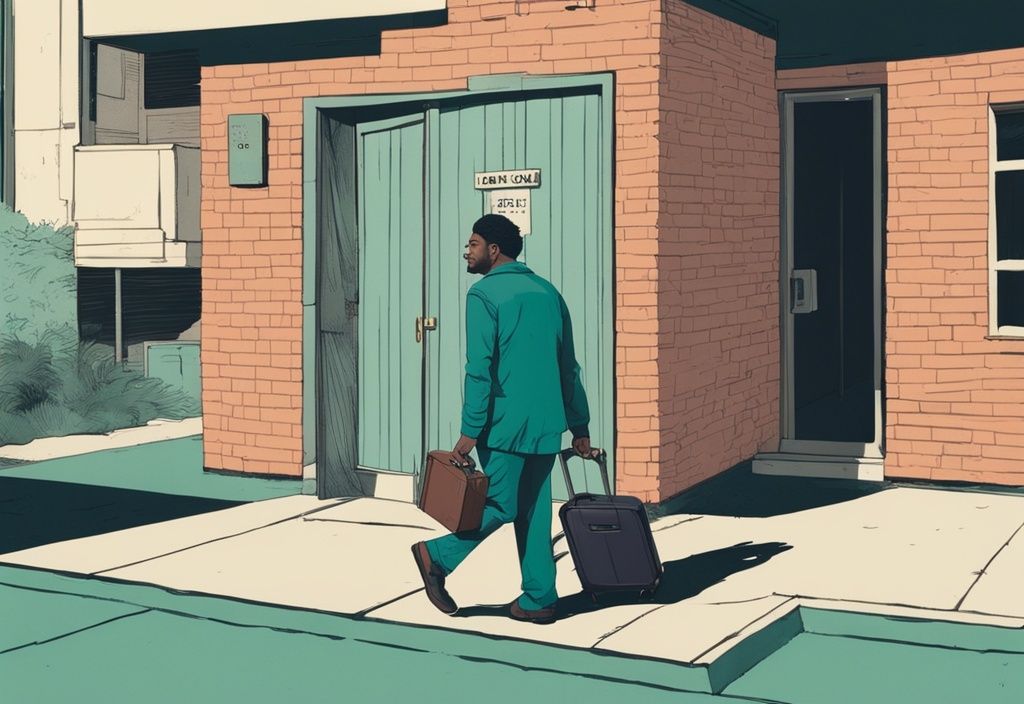 Photorealistic illustration of a tenant leaving a rundown apartment with a suitcase, expressing frustration, while a negligent landlord stands behind, teal color theme.