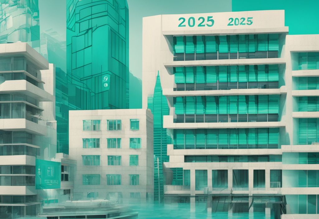 Modern photorealistic illustration of teal-themed buildings with a 2025 calendar page and law symbols.