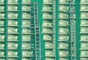 Modern photorealistic illustration of six ascending stacks of money in teal, symbolizing growth in real estate investments, keyword: money6x.