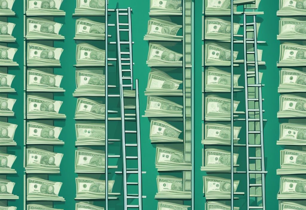 Modern photorealistic illustration of six ascending stacks of money in teal, symbolizing growth in real estate investments, keyword: money6x.