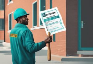 Modern photorealistic illustration of distressed tenant holding eviction notice and hammer, symbolizing constructive eviction in real estate, with teal color theme.