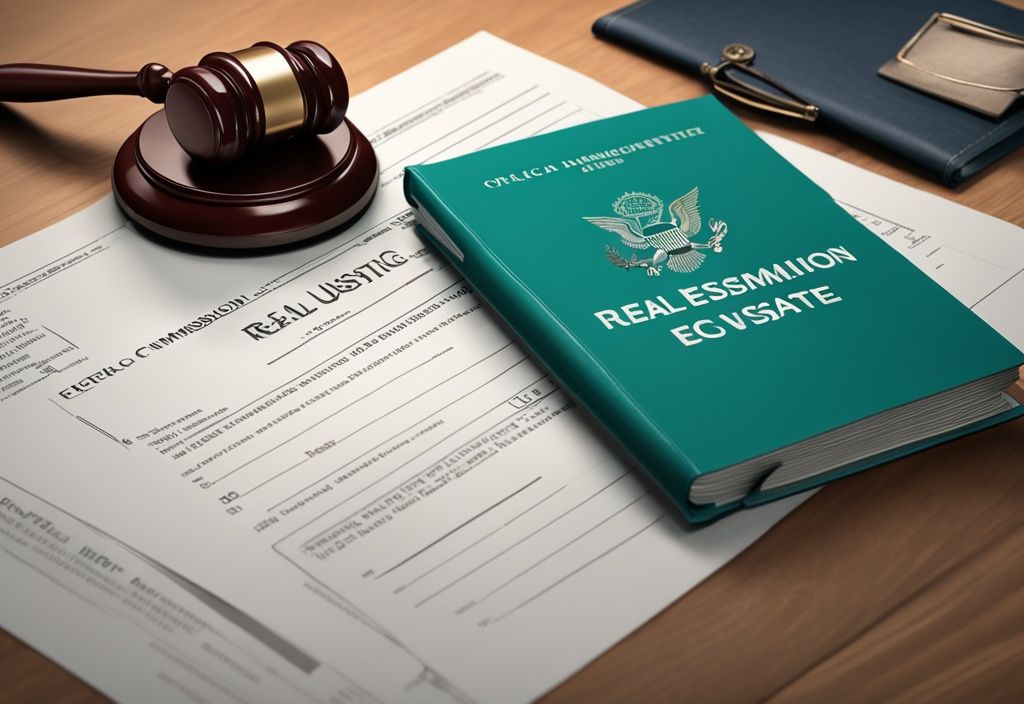 Modern photorealistic illustration of DOJ real estate commission document on wooden desk, featuring teal color theme, with gavel and legal paperwork in background.