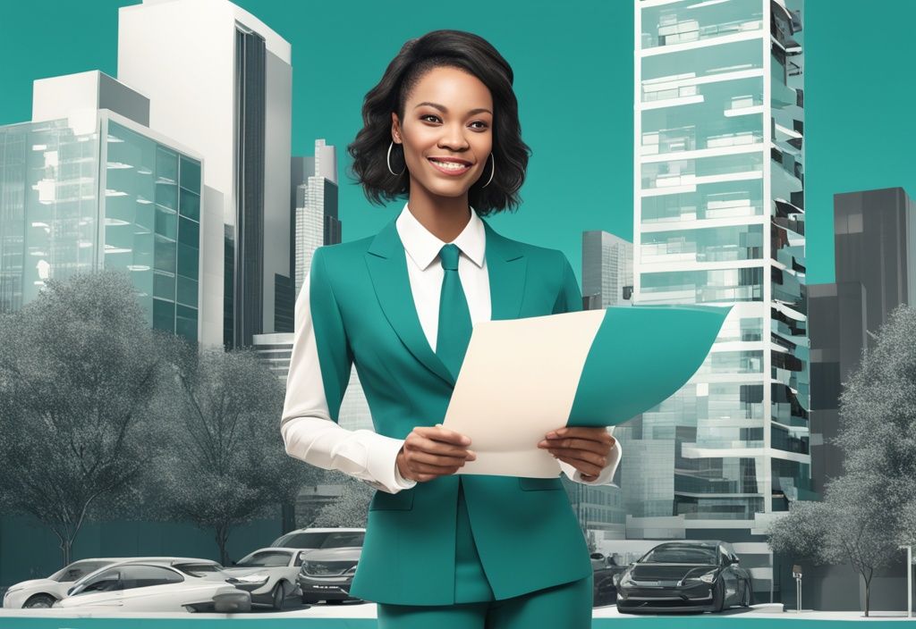 A confident real estate agent holding a 'BOV' document in front of an urban skyline, illustrating what is a BOV in real estate, with teal-themed property images in the background.