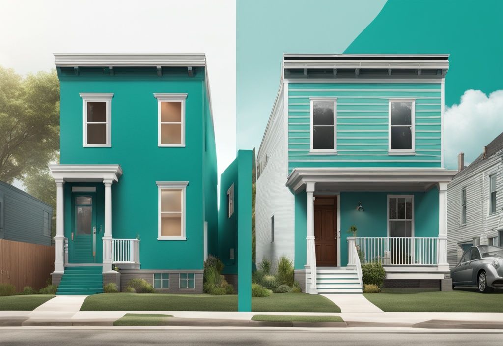 Modern photorealistic illustration of teal-themed side-by-side houses, one under renovation for conversion, the other showcasing diverse groups of people symbolizing commingling in real estate.