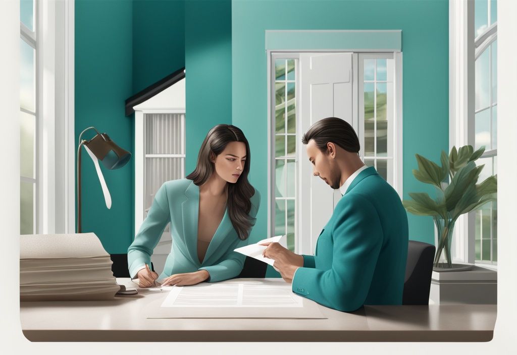 Modern photorealistic illustration of a couple reviewing a "Constructive Notice" document with a teal color theme, featuring a house model and real estate agent in the background.