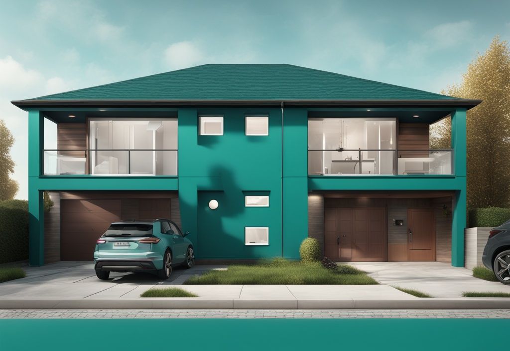 3D cut-out illustration of a teal-themed duplex house highlighting a "Party Wall" between units