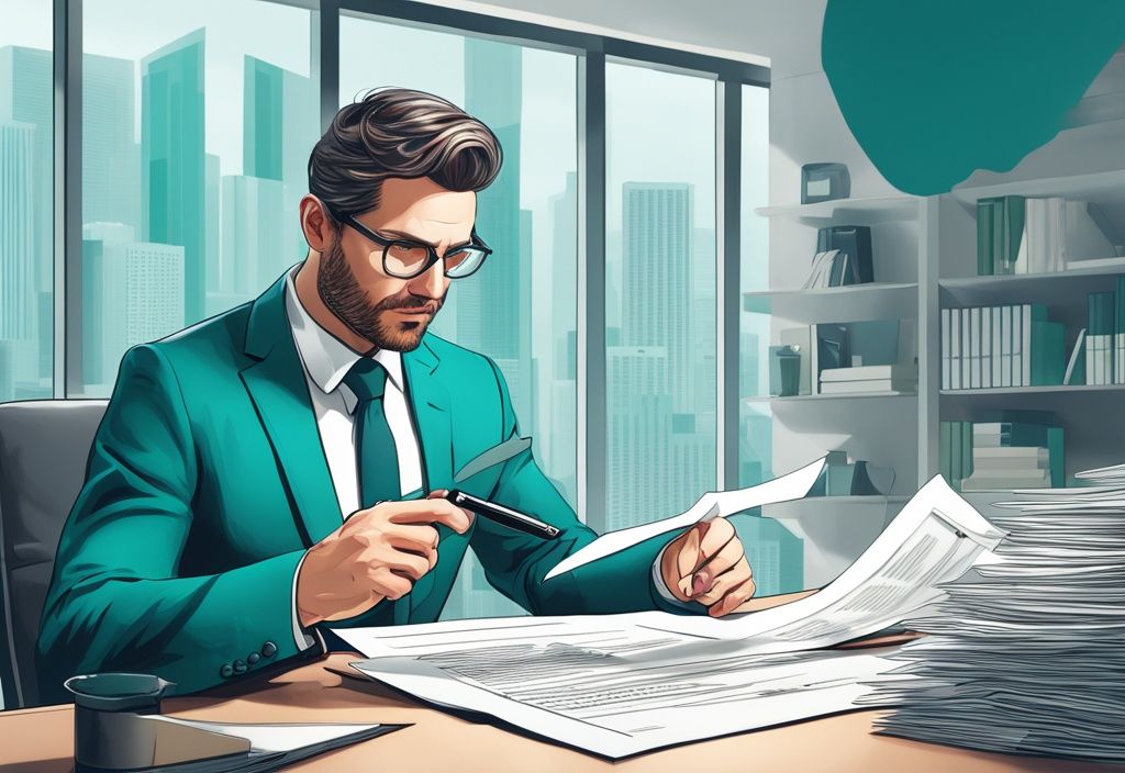 Modern photorealistic illustration of a professional analyst in formal attire examining real estate financial data with a magnifying glass at a modern office desk, illustrating how a financial analysis in real estate is being done, with a teal color theme.