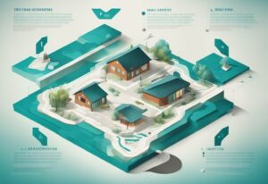 Modern photorealistic infographic in teal illustrating what is accretion in real estate, featuring arrows showing land addition and icons of houses and buildings.