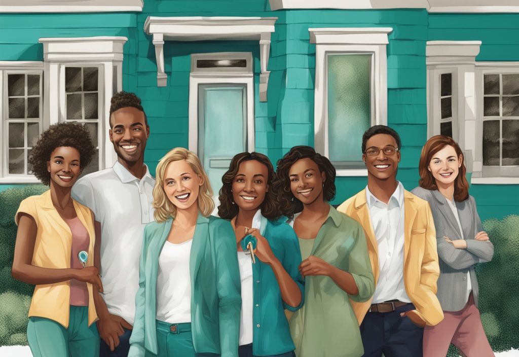 Diverse group of young adults celebrating new home purchase with keys and 'Sold' sign, teal color theme.