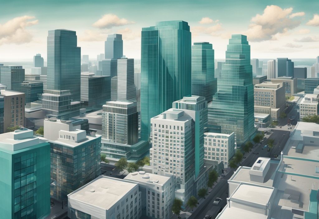 Modern photorealistic illustration of a bustling cityscape in teal, showcasing middle market real estate with residential and commercial properties.