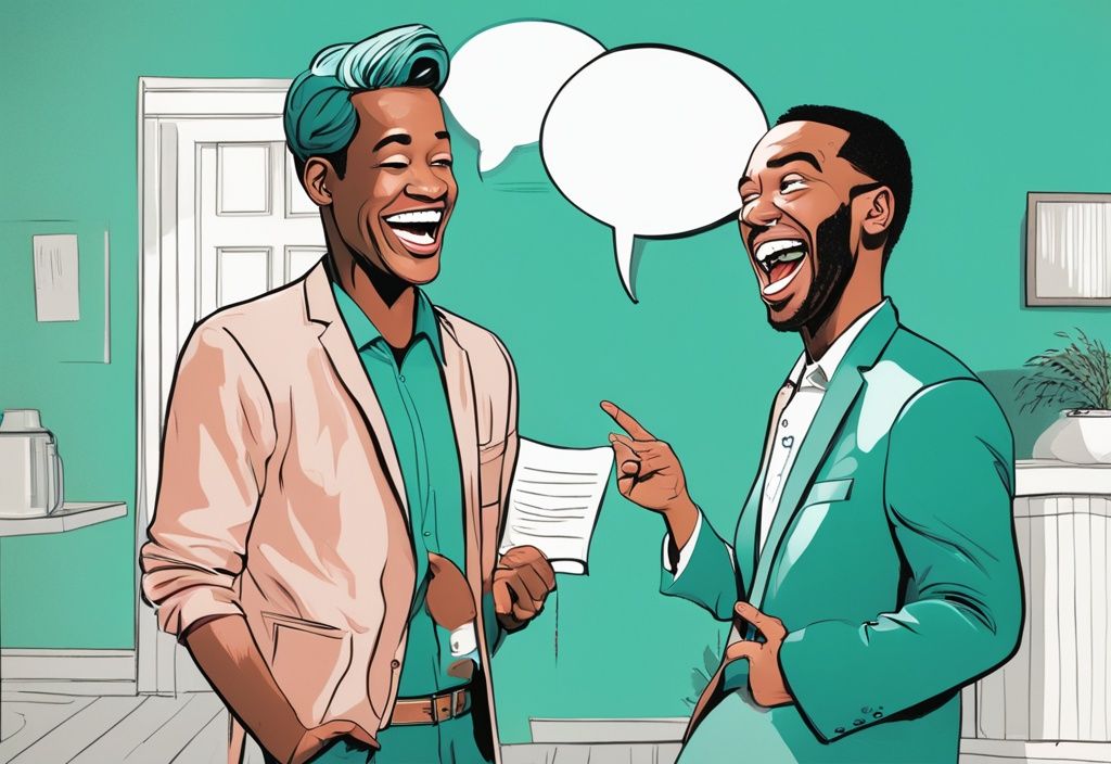 Photorealistic illustration of a realtor and buyer laughing, teal color theme, humorous real estate conversation in speech bubbles.