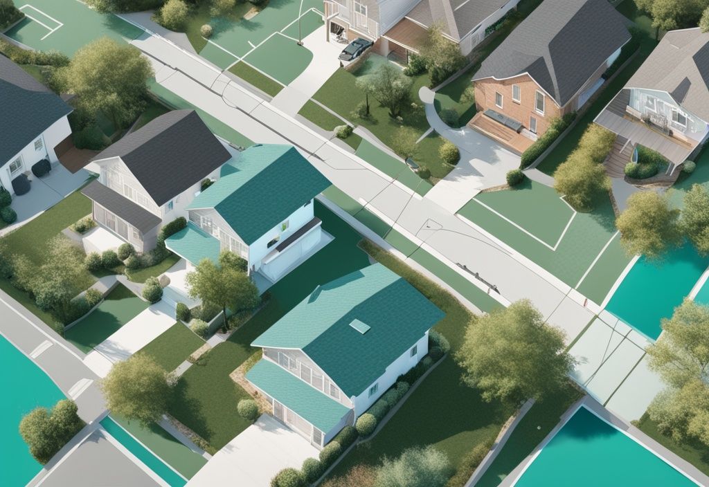 Modern photorealistic illustration of a property with teal theme, showcasing clearly marked boundaries and an illustrated buffer zone, highlighting what is a buffer zone in real estate.