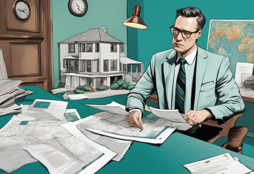 Photorealistic illustration of a stern real estate lawyer in Maine reviewing documents, with a teal color theme, featuring a Maine state map and housing models on the desk.