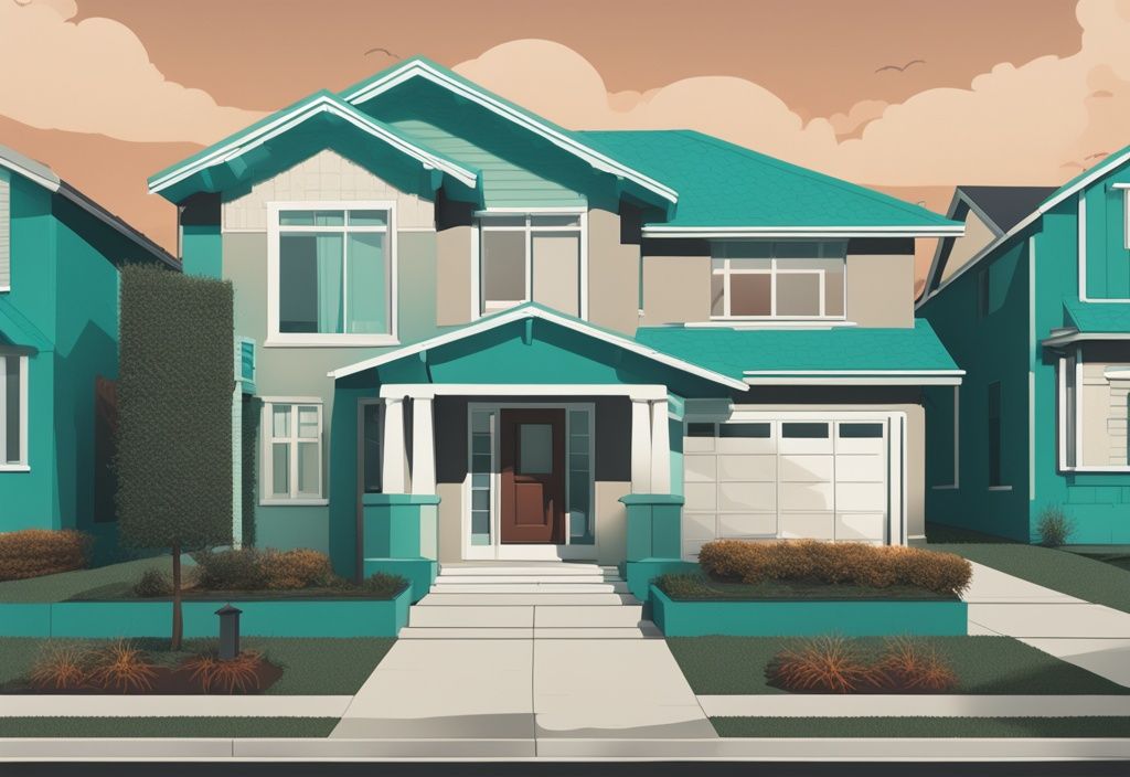 Photorealistic teal illustration of a house with a sold sign, calendar symbol indicating Closing Date, and COE (Close Of Escrow) highlighted for real estate context.