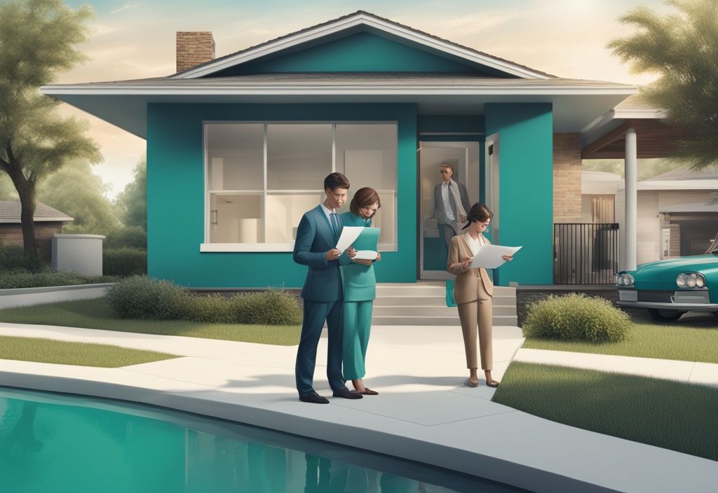 Modern photorealistic illustration of a couple reviewing a "Constructive Notice" document, featuring a teal color theme, a house model, and a real estate agent in the background.