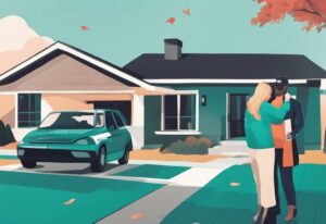 A modern photorealistic illustration showing what is a sub agent in real estate, as the sub agent hands over keys to a satisfied home buyer in front of a teal-themed house.