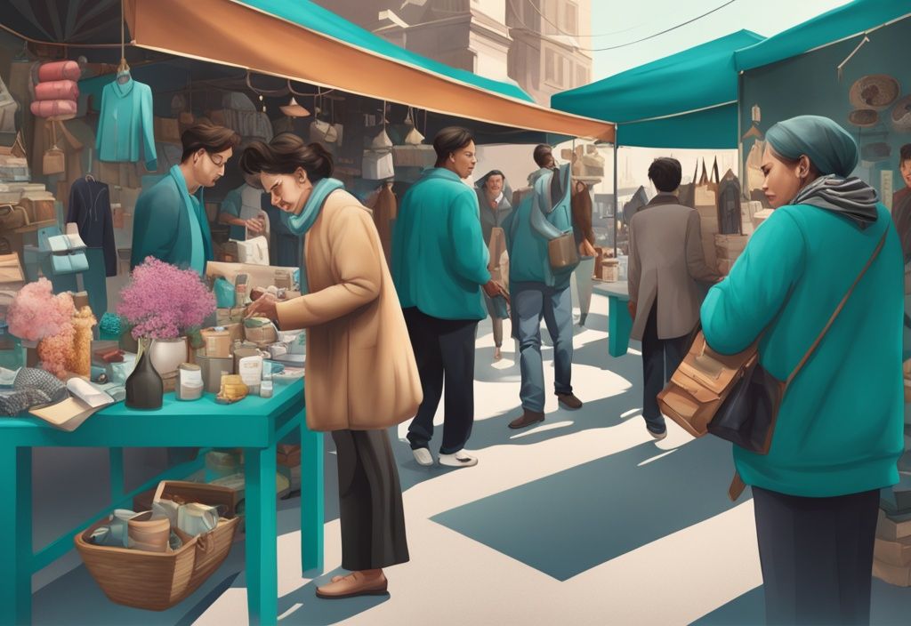 Photorealistic illustration of a teal-themed bustling marketplace with a charismatic seller showcasing items to an interested buyer.