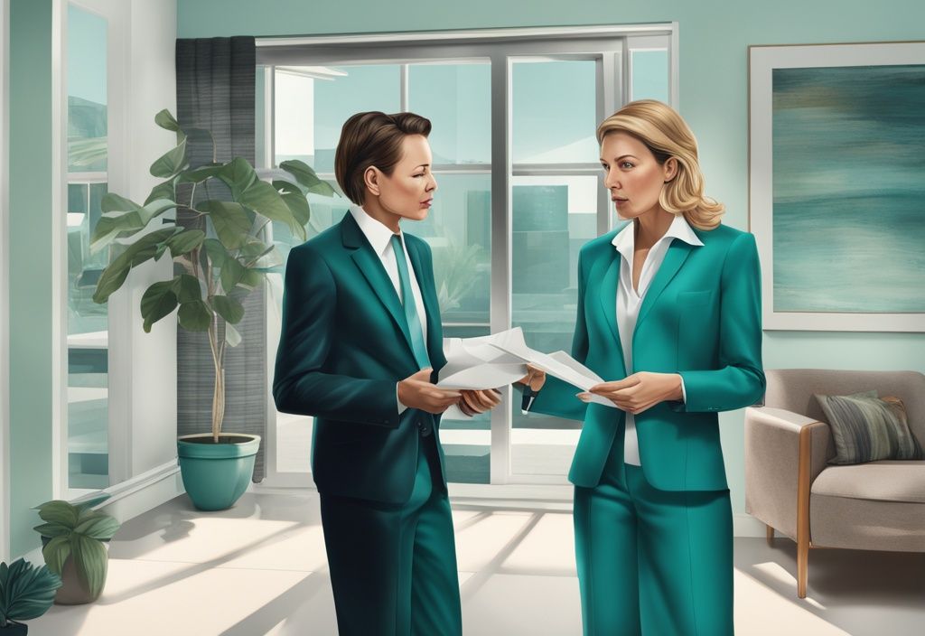 Modern photorealistic illustration of real estate agents discussing a home's hidden major structural issues, symbolizing what is a material fact in real estate, with a teal color theme.