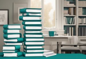 A photorealistic illustration of the 10 best real estate books stacked on a stylish desk in a professional setting, featuring a teal color theme.