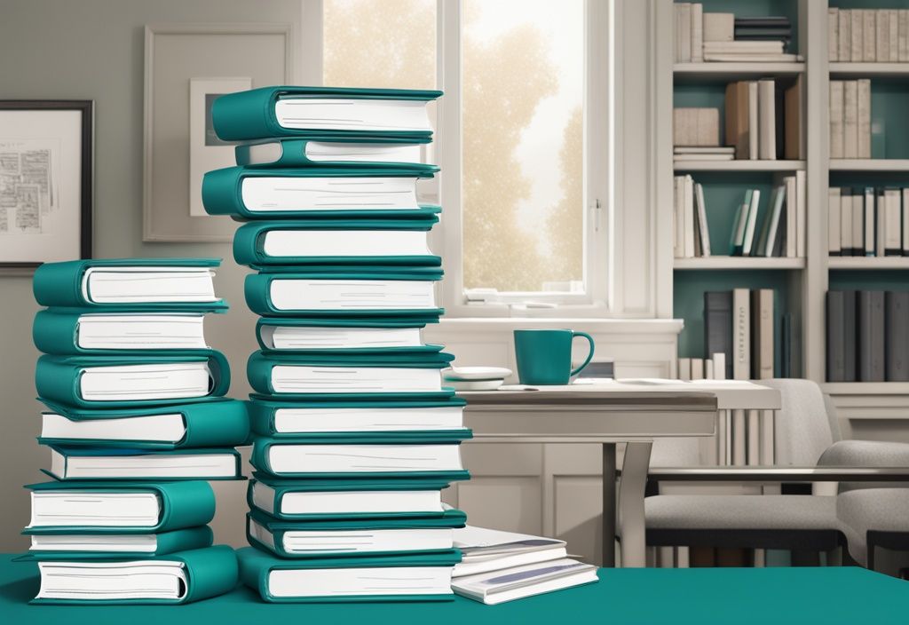 A photorealistic illustration of the 10 best real estate books stacked on a stylish desk in a professional setting, featuring a teal color theme.