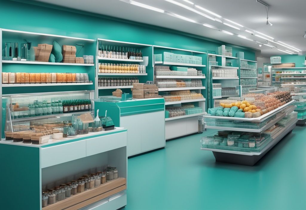 Modern shop interior with teal theme, showcasing photorealistic trade fixtures, display racks, refrigeration units, and product-filled shelving.