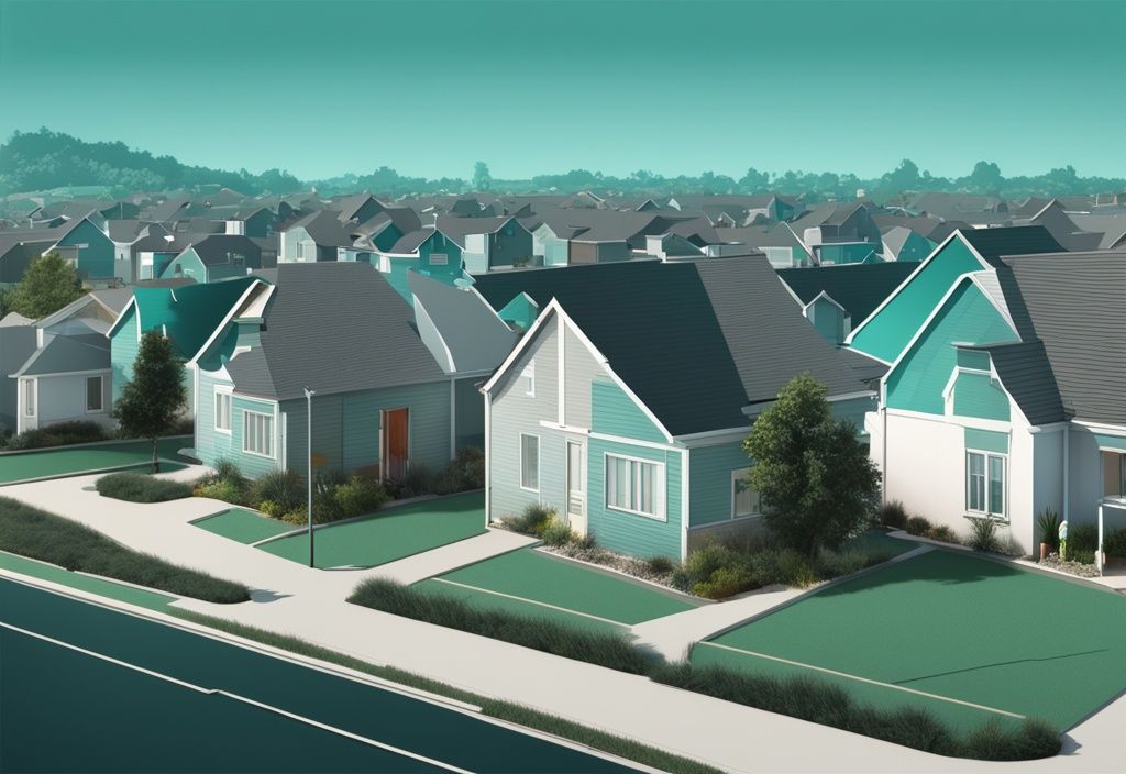 Modern photorealistic illustration of a rural to urban transition, featuring a teal-themed landscape with a plot of land annexed into a residential area.