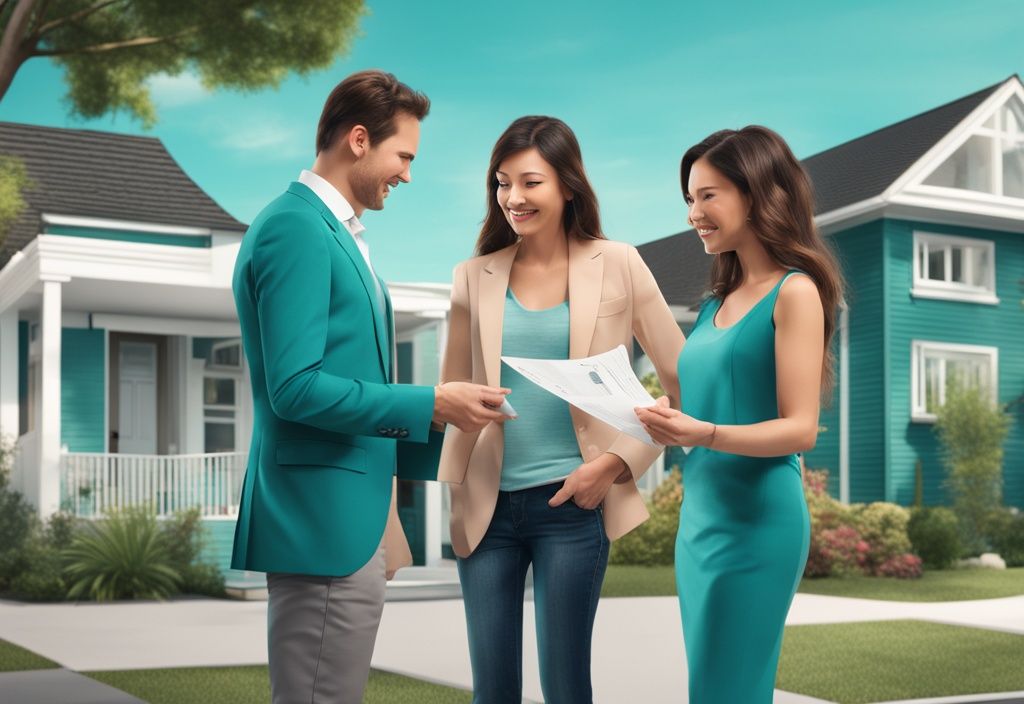 Photorealistic illustration of a real estate agent explaining BOM (Back on Market) to a couple with a teal theme, featuring a house and 'for sale' sign.