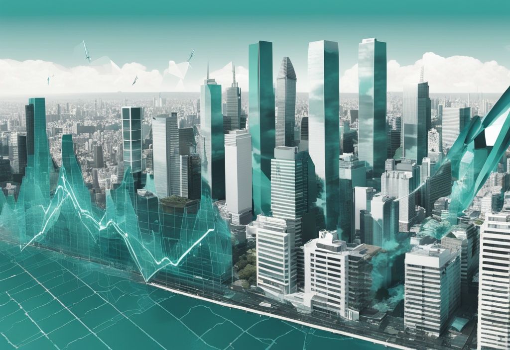 High-angle skyline view of Buenos Aires with transparent graphs illustrating Buenos Aires real estate prices analysis in a modern photorealistic teal theme.