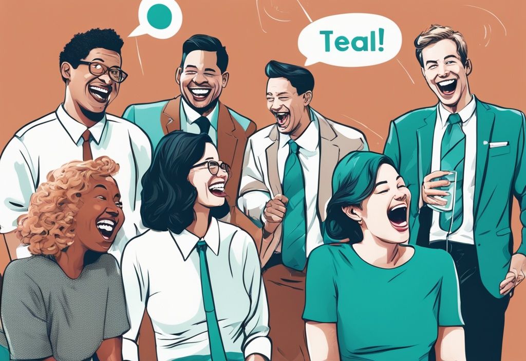 A photorealistic illustration featuring a diverse group of people in business attire laughing at the best real estate jokes in comic speech bubbles, with a teal color theme.