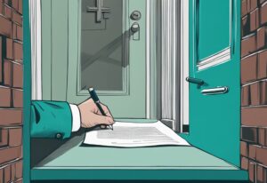 Photorealistic illustration of a hand signing a contract with a highlighted escape clause in real estate, featuring a teal color theme and a symbolic door as an exit route in the background.