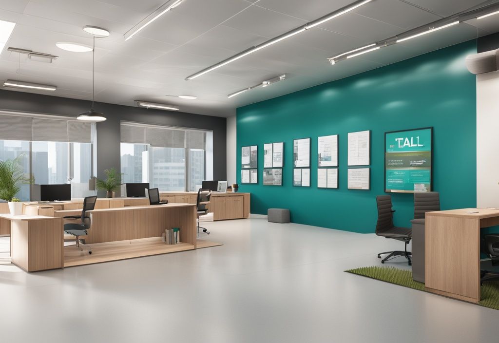 Modern photorealistic illustration of a teal-themed real estate sales office, featuring a property lifecycle board emphasizing the disposition stage, answering what is disposition in real estate.