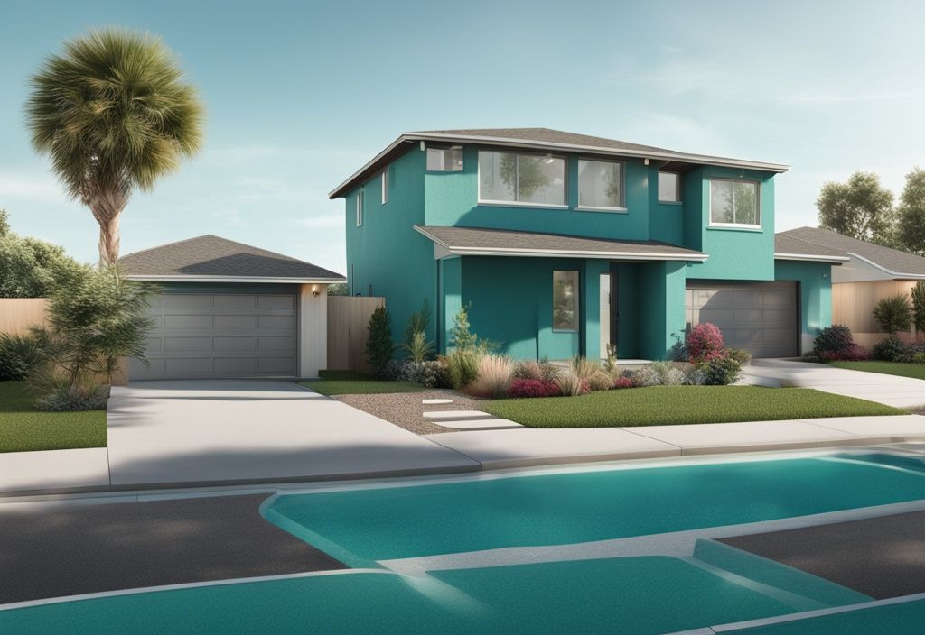 Photorealistic illustration of teal-themed adjacent properties merged into a larger lot, showcasing real estate plottage concept.