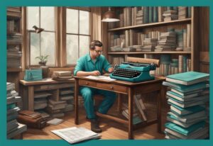 A real estate novelist writing at an antique wooden desk with a vintage typewriter, surrounded by books and real estate blueprints, in a modern photorealistic illustration with a teal color theme.