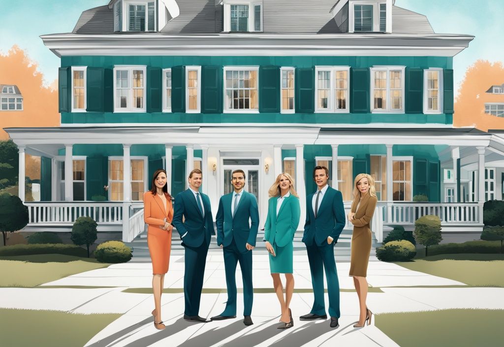 Photorealistic illustration of professional real estate agents in teal-themed attire standing before luxurious Greenwich, CT properties.