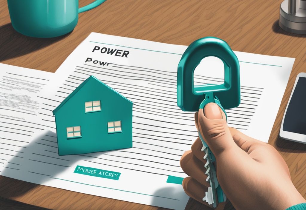 Modern photorealistic illustration with teal theme showing a hand passing house keys to another over a "Power of Attorney" document, highlighting what is POA in real estate.