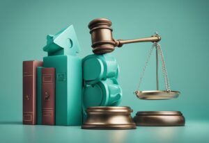 Photorealistic illustration of scales balancing a house and a gavel, symbolizing real estate laws with a teal color theme.