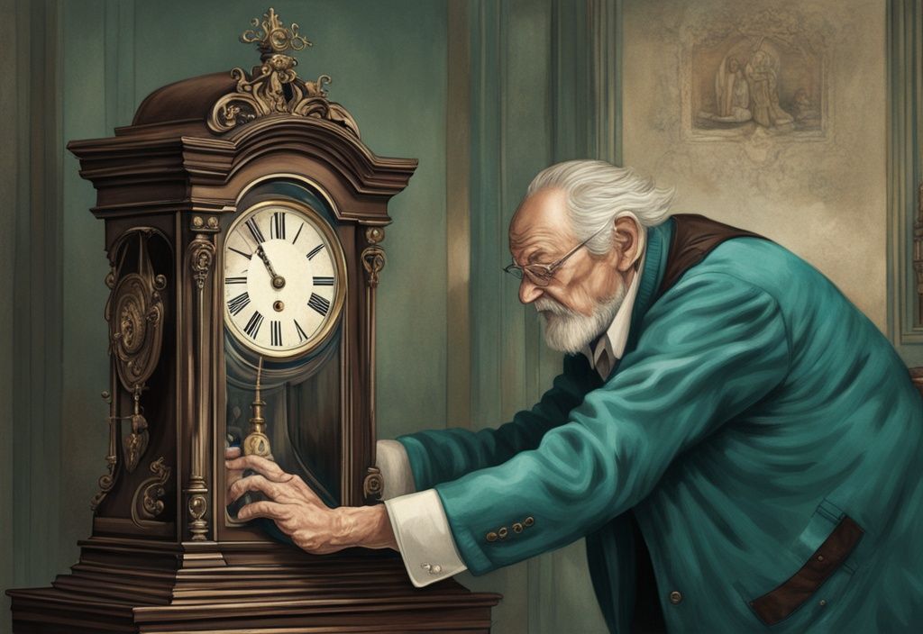 Photorealistic illustration of an elderly man giving an ornate grandfather clock to a younger person, symbolizing the transfer of a grandfather clause, with a teal color theme.